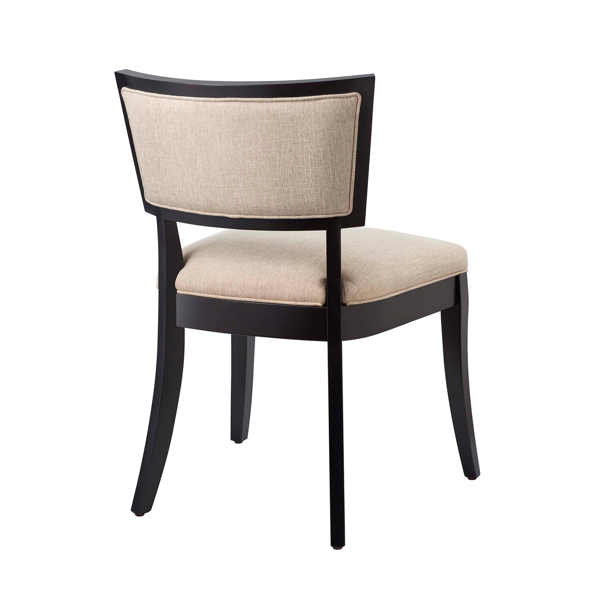 Dark espresso wooden dining chairs with beige upholstered backrests and seat cushions, curved legs, set of 2.