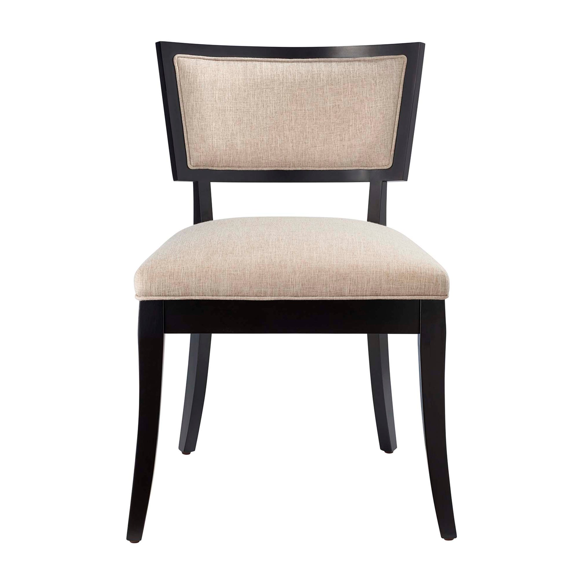 Pair of beige upholstered fabric dining chairs with rectangular framed backs and curved legs.