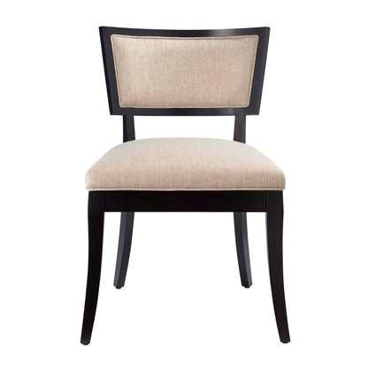 Pair of beige upholstered fabric dining chairs with rectangular framed backs and curved legs.