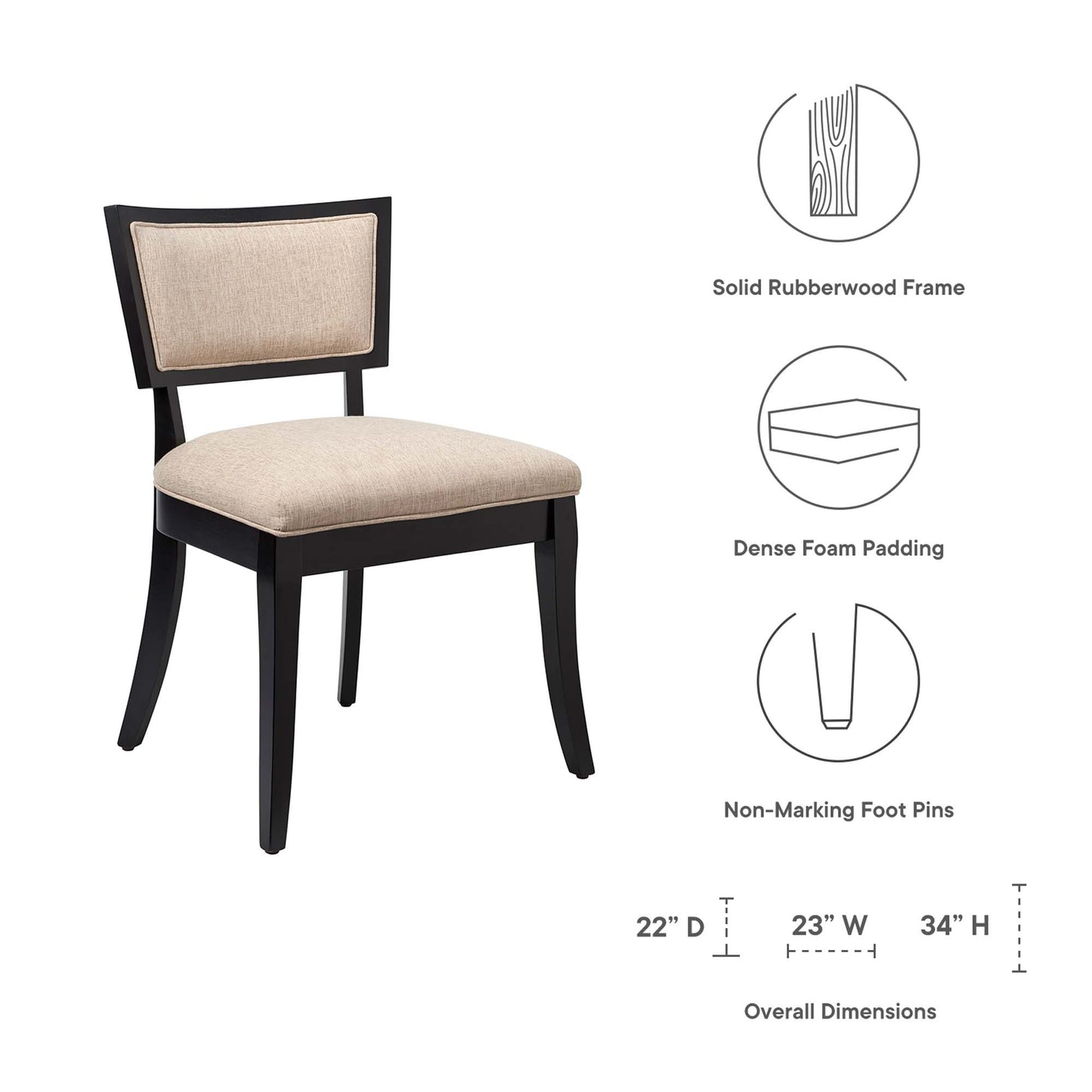 Pair of dark rubberwood dining chairs with brown fabric upholstery on the seats and backs, foam padding, and non-marking feet.