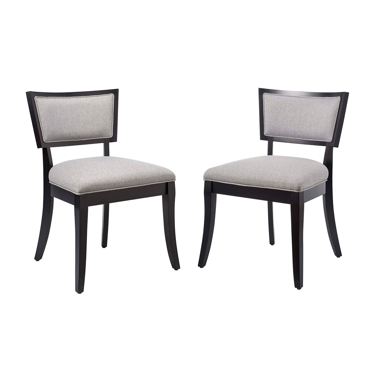 Pair of dark wood dining chairs with curved legs and light gray upholstered seats and backrests.