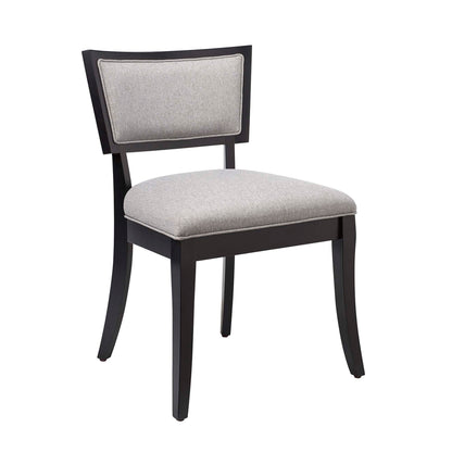 Gray upholstered dining chair with light gray seat and back cushion.