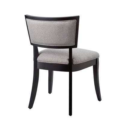 Dark wood dining chairs with curved legs and light gray upholstered seats and back panels (set of 2)