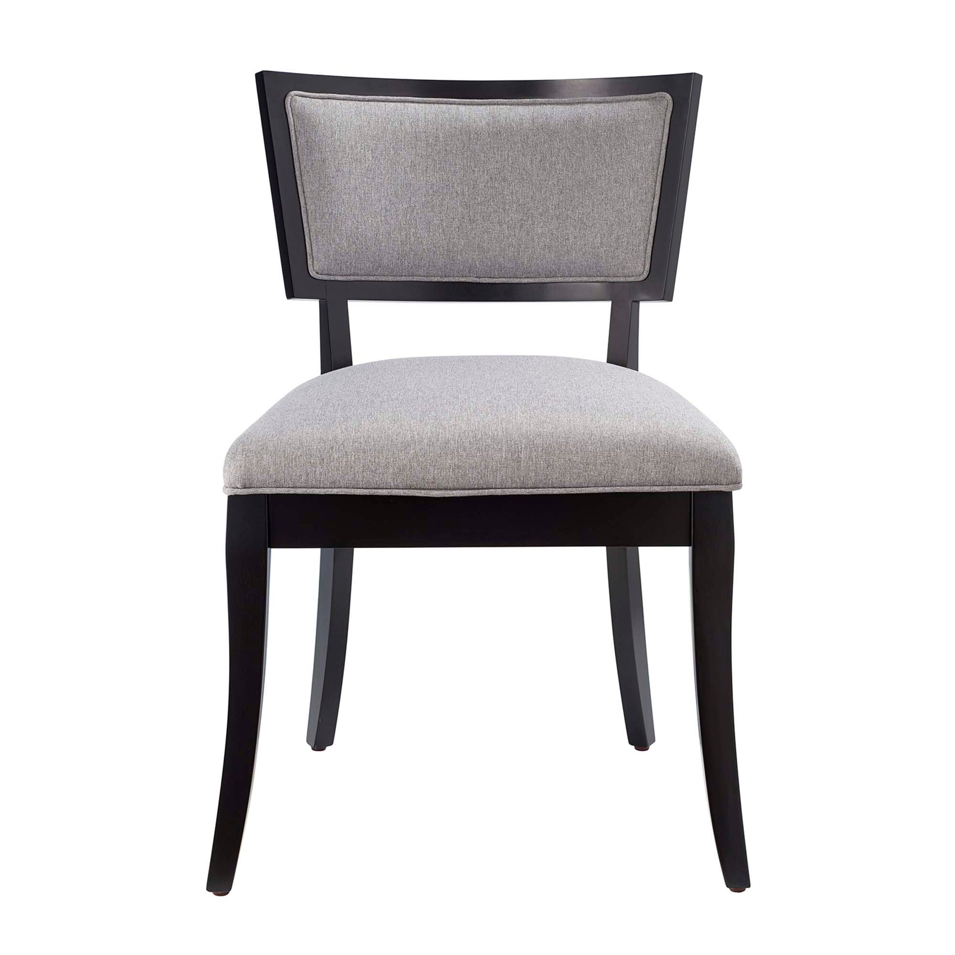 Pair of dark wood dining chairs with gray upholstered seats and rectangular backrests.