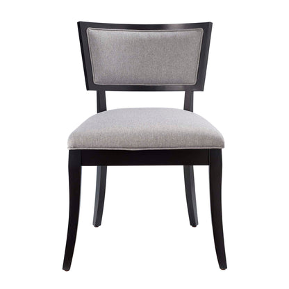 Pair of dark wood dining chairs with gray upholstered seats and rectangular backrests.