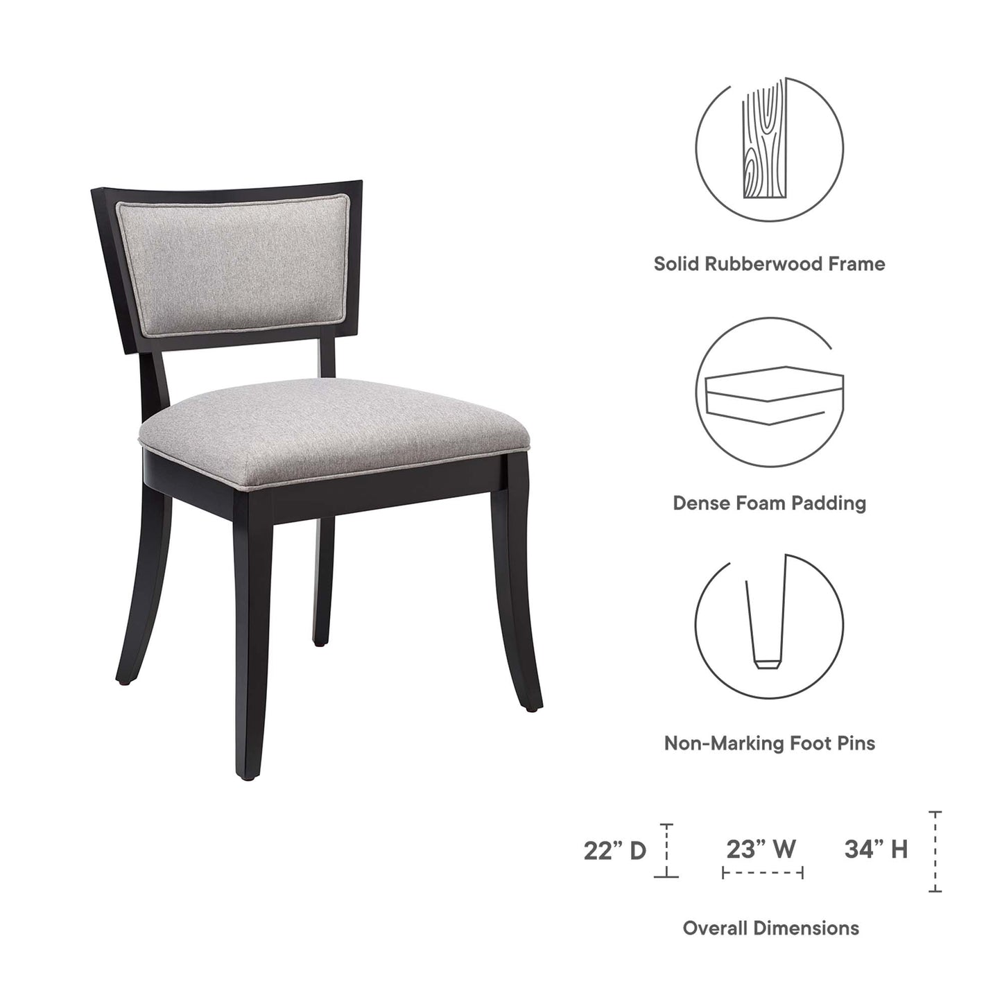 Dark rubberwood framed dining chairs with light gray fabric cushions and backrests; dense foam padding; non-marking feet; set of 2.