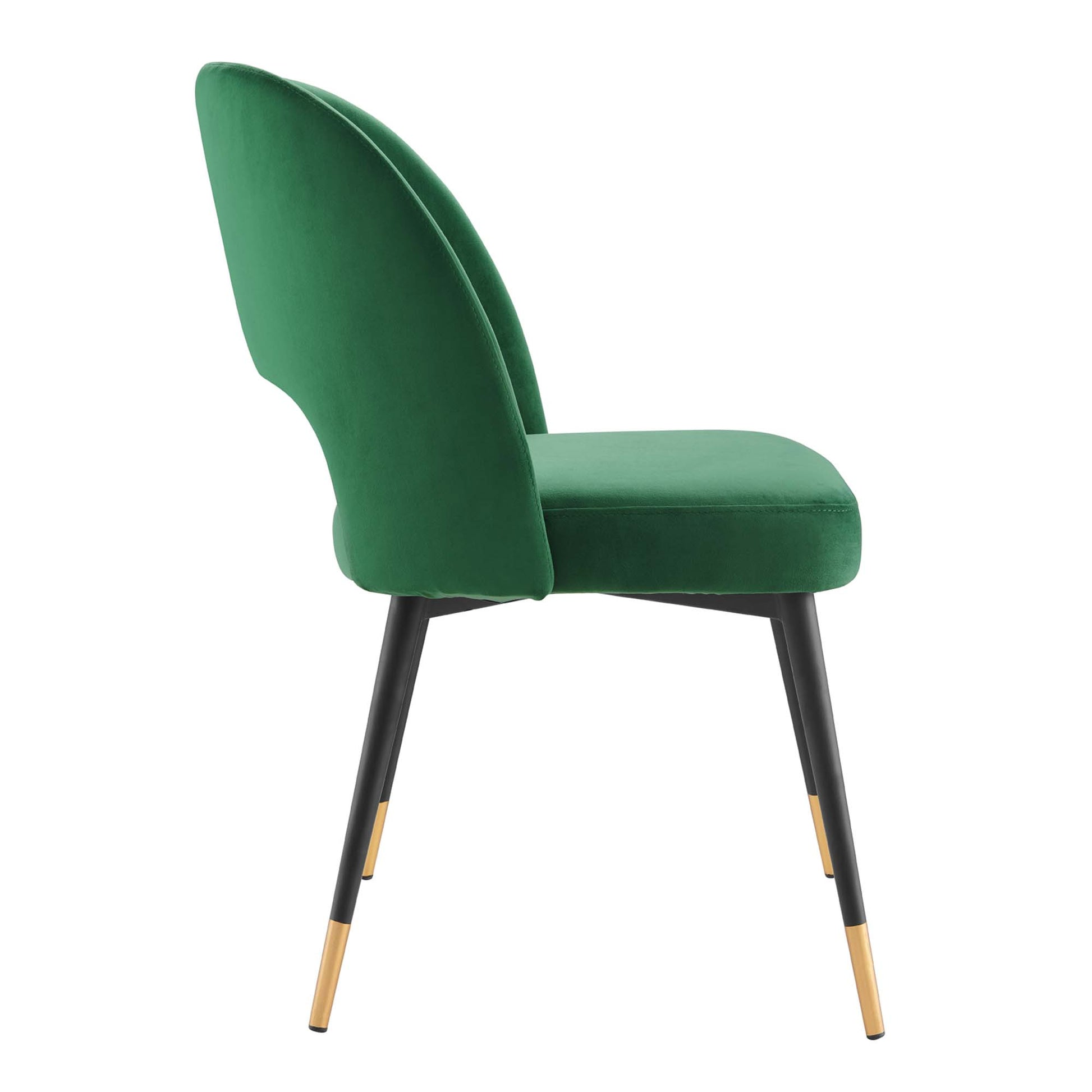 Emerald green velvet dining chairs with curved backs & black legs with gold caps