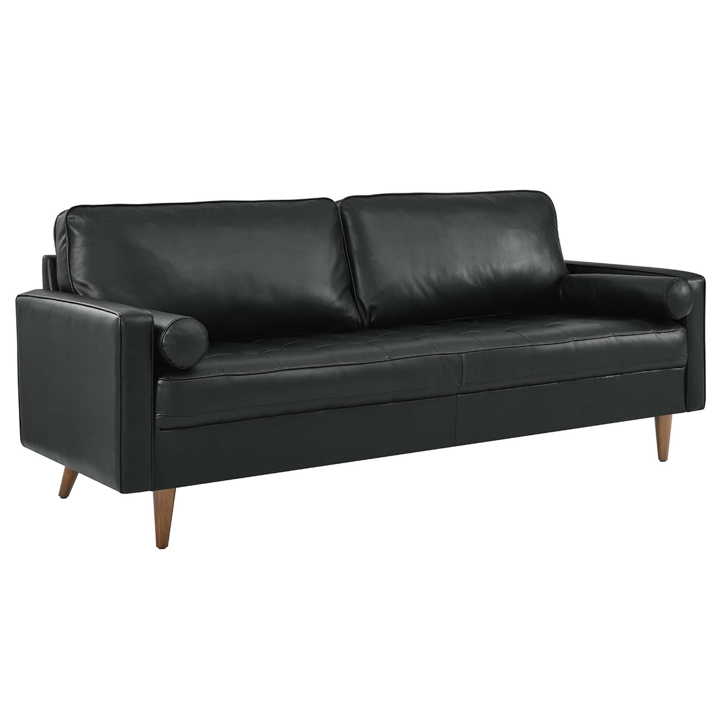 Black leather sofa in mid-century modern style with two seat cushions, cylindrical left bolster, and tapered wooden legs.