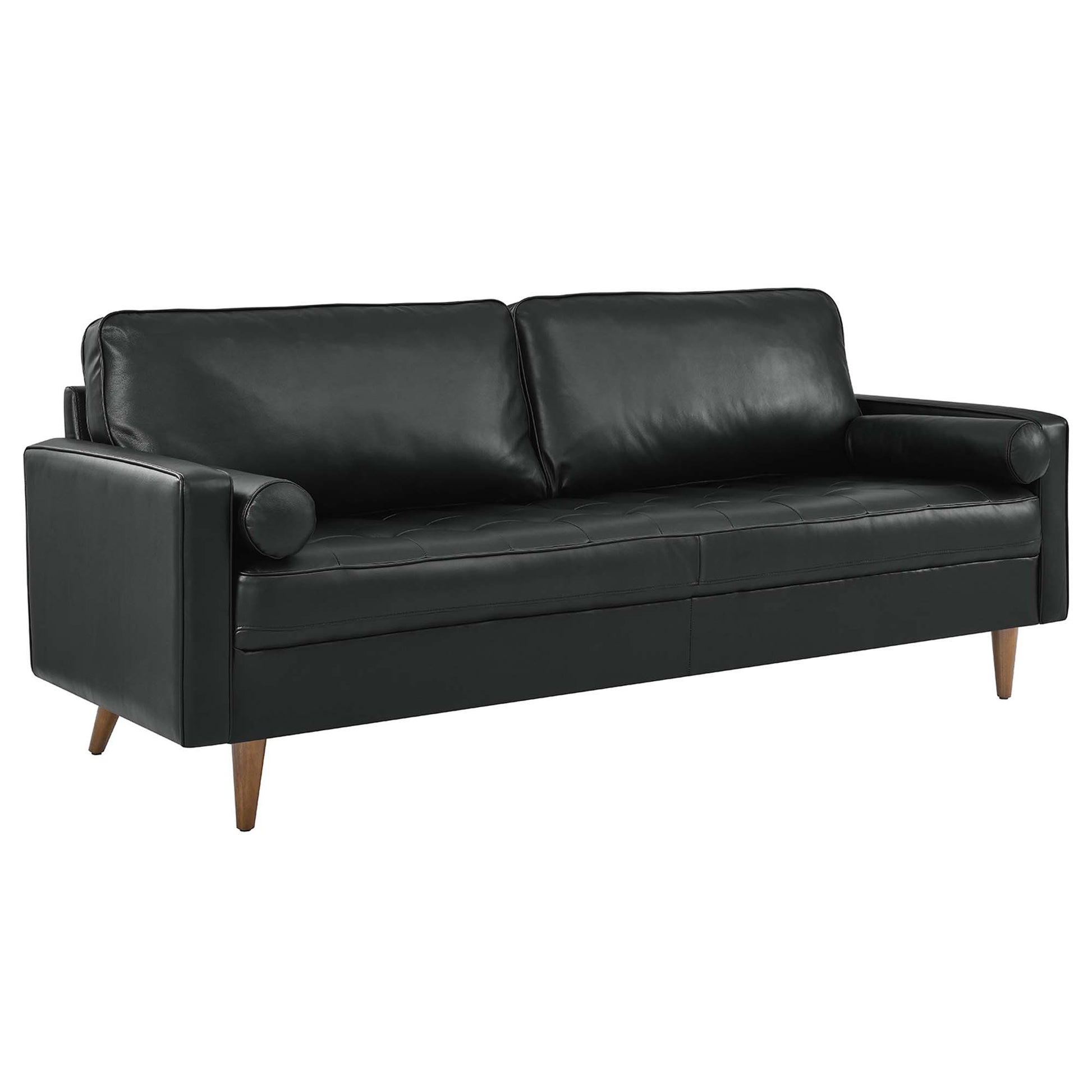 Black leather sofa in mid-century modern style with two seat cushions, cylindrical left bolster, and tapered wooden legs.
