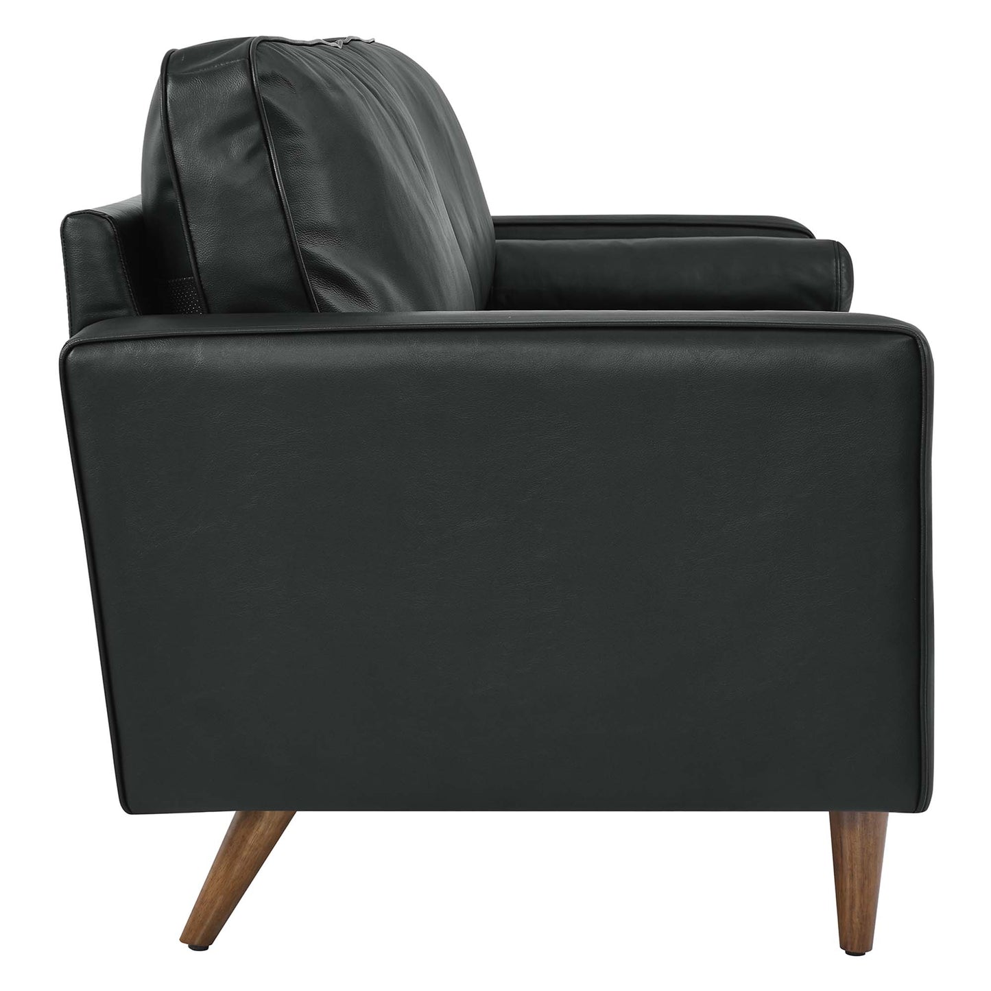 Black leather sofa with cushioned back, straight arms, and wooden tapered legs; mid-century modern style.