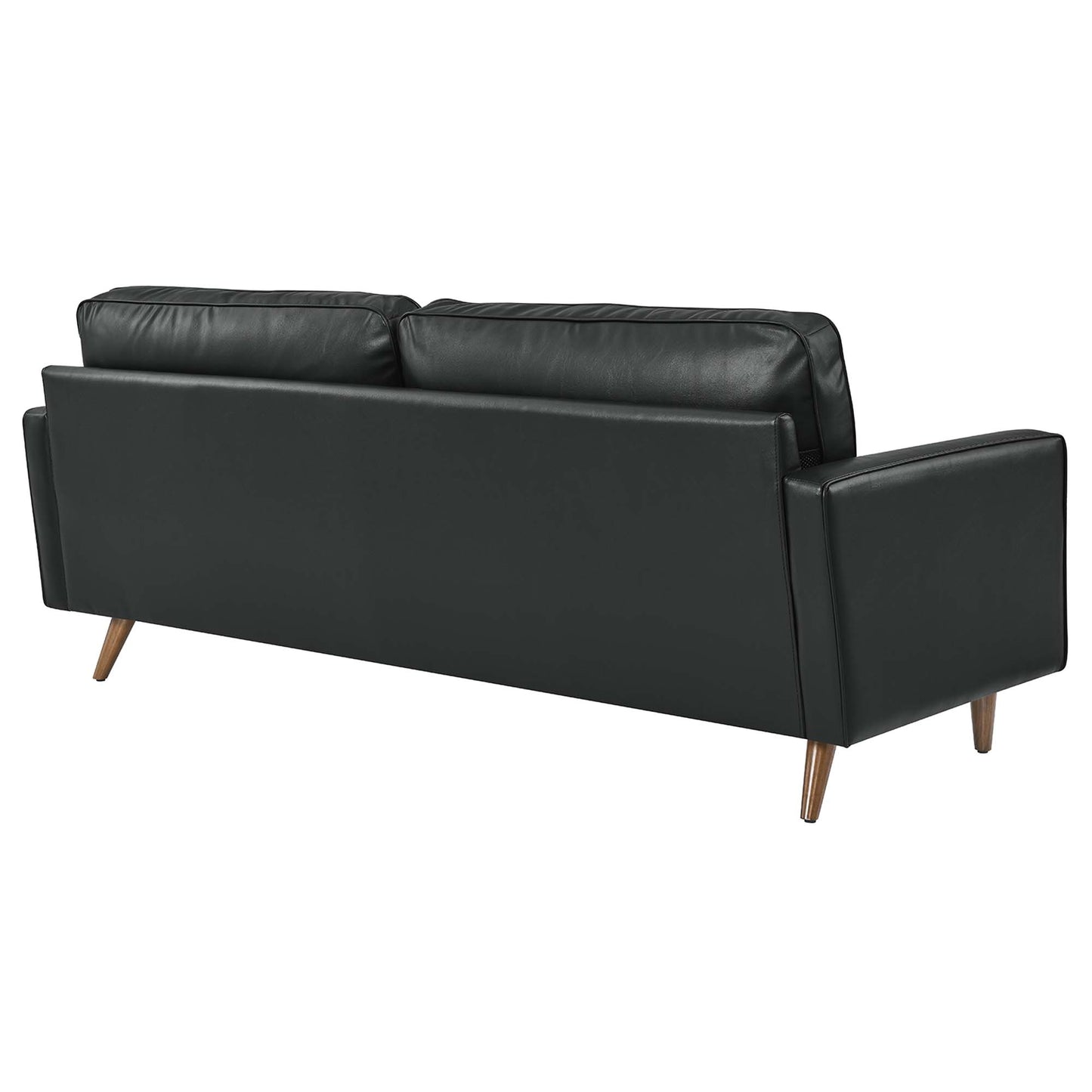 Black leather sofa with two back cushions, tapered wooden legs, mid-century modern style, lounge seating.