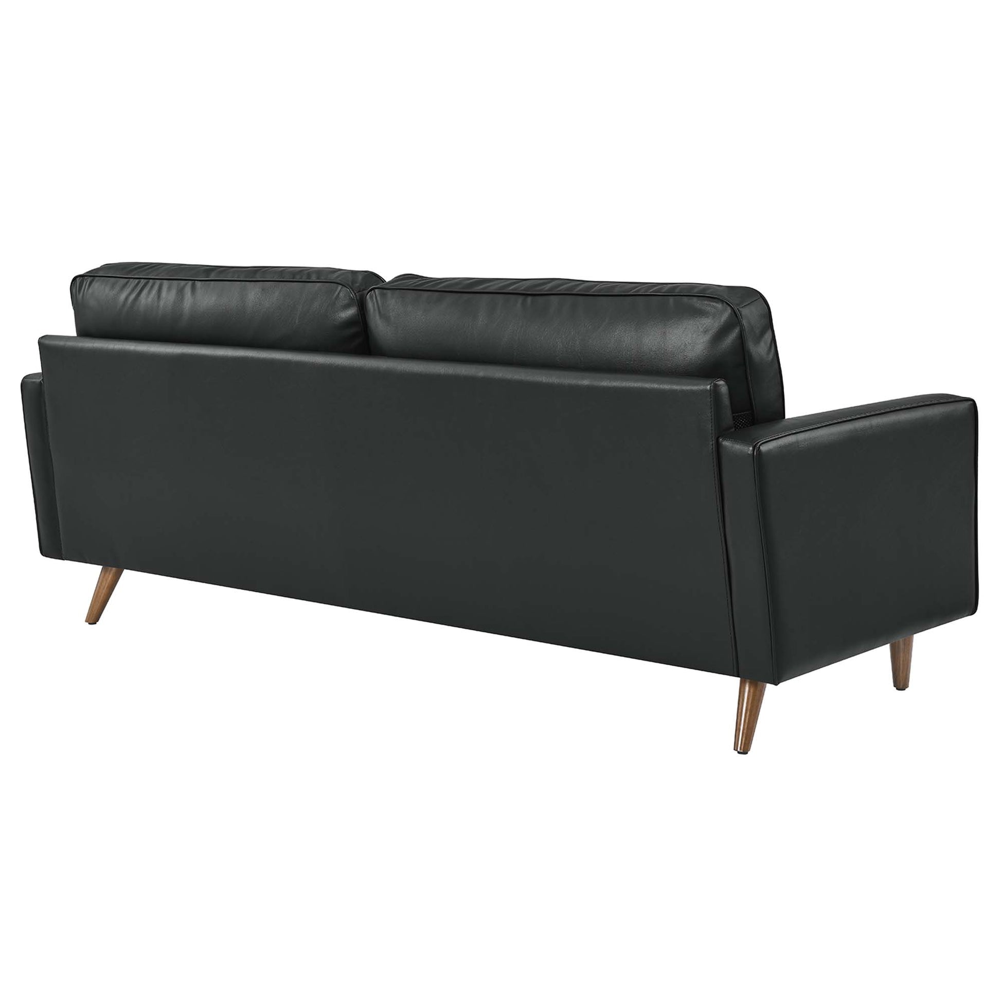 Black leather sofa with two back cushions, tapered wooden legs, mid-century modern style, lounge seating.