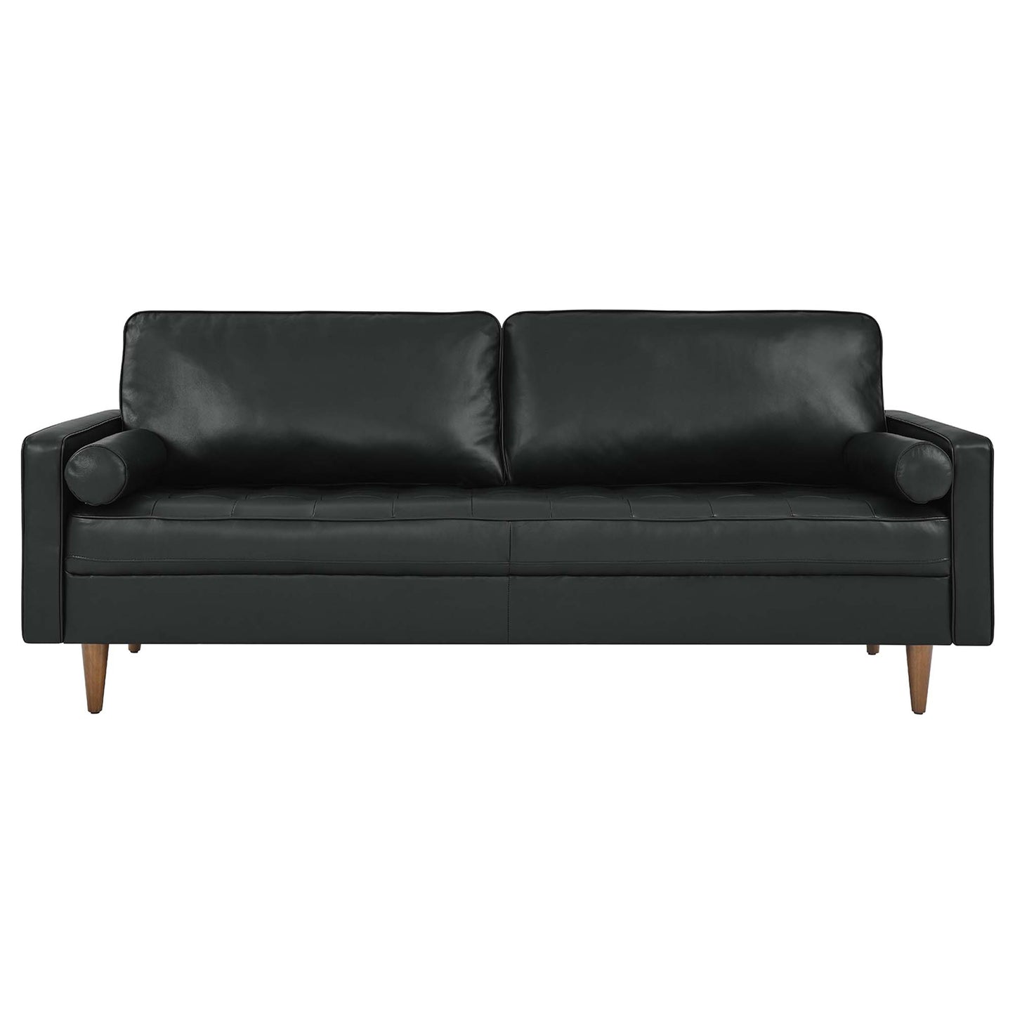 Black leather sofa with two back cushions, cylindrical arm bolsters, and wood tapered legs in a mid-century style.