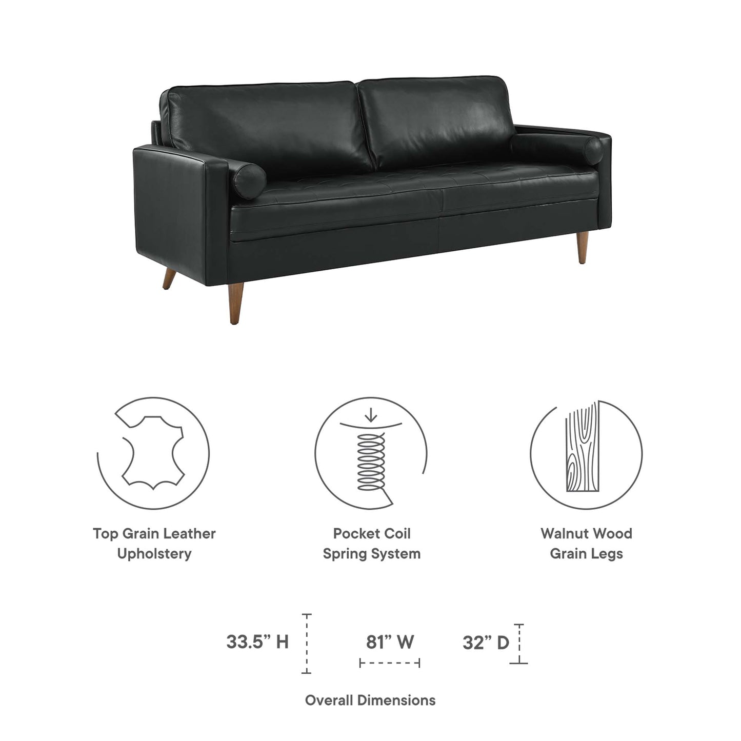 Mid-century black top-grain leather sofa with walnut wood legs, two seat cushions, and round bolster armrests.