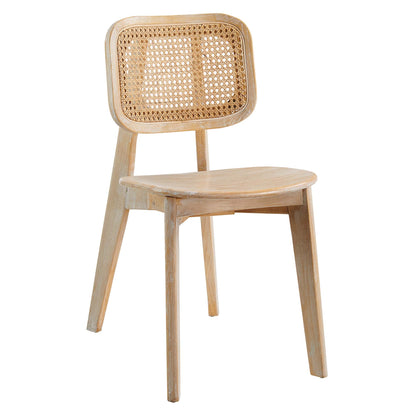 Gray wood dining side chair with woven cane back and a curved seat.