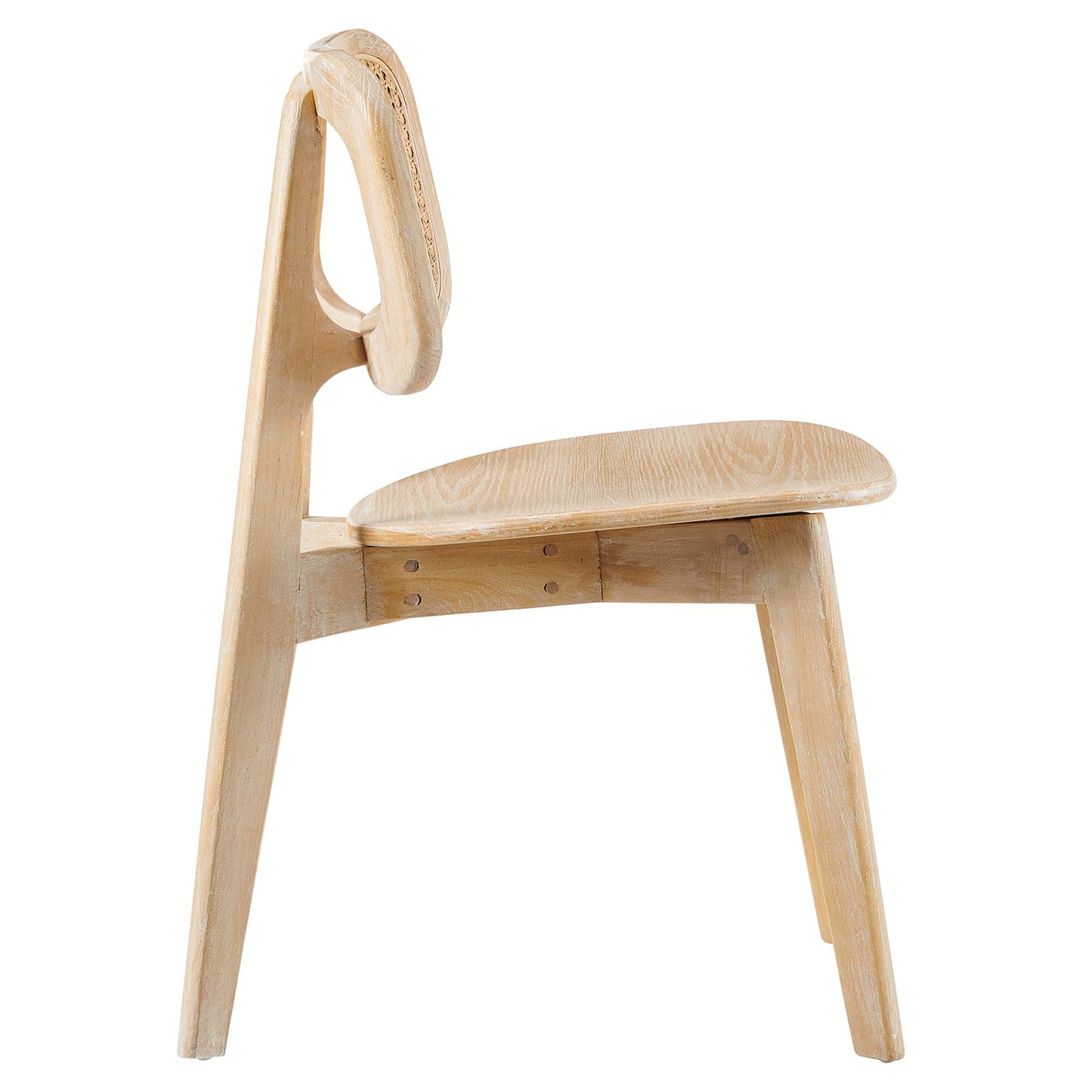 Gray wood dining side chair with a tall curved back featuring an oval cutout and a rounded, contoured seat.