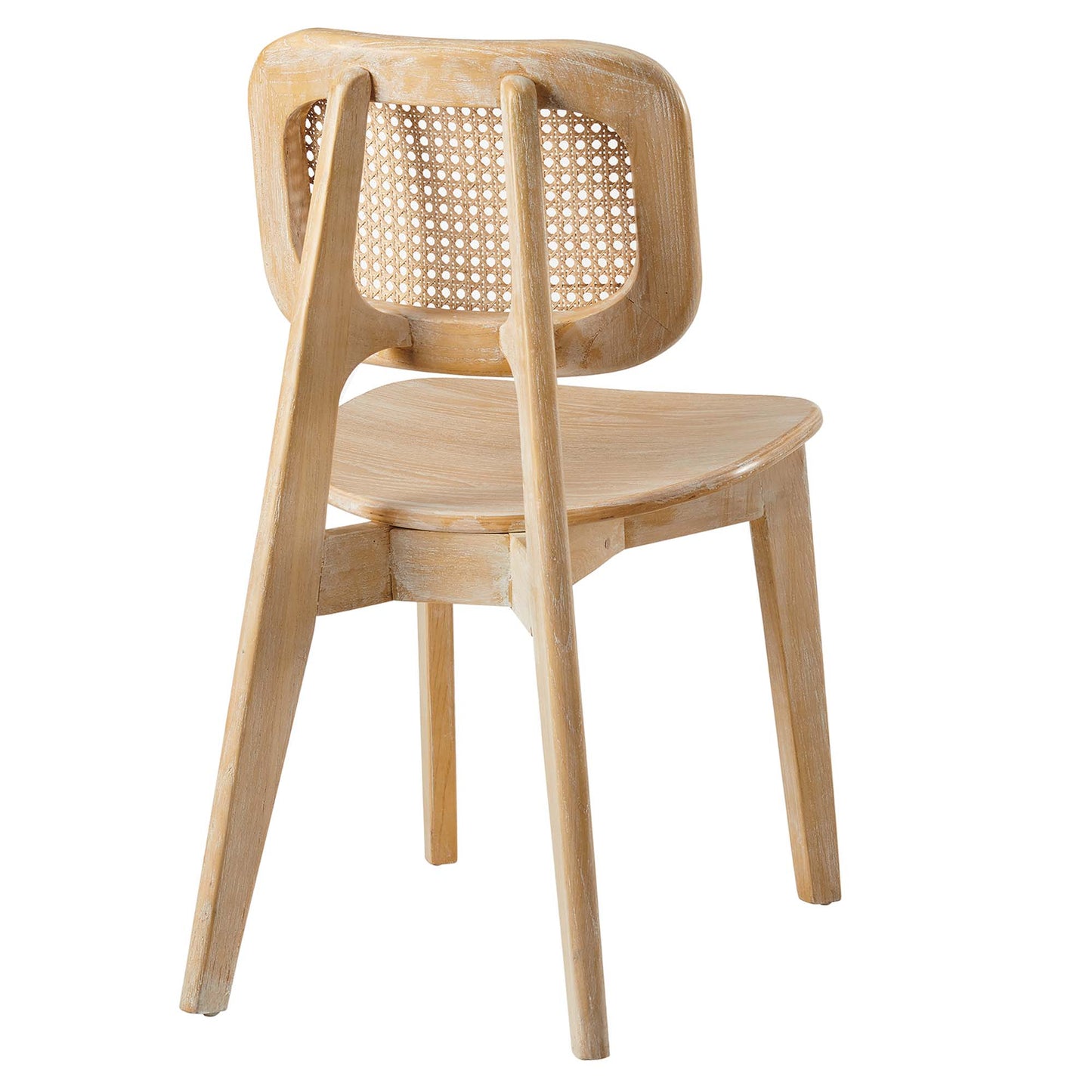 Natural wood dining chair with a woven cane back, curved backrest and tapered legs.