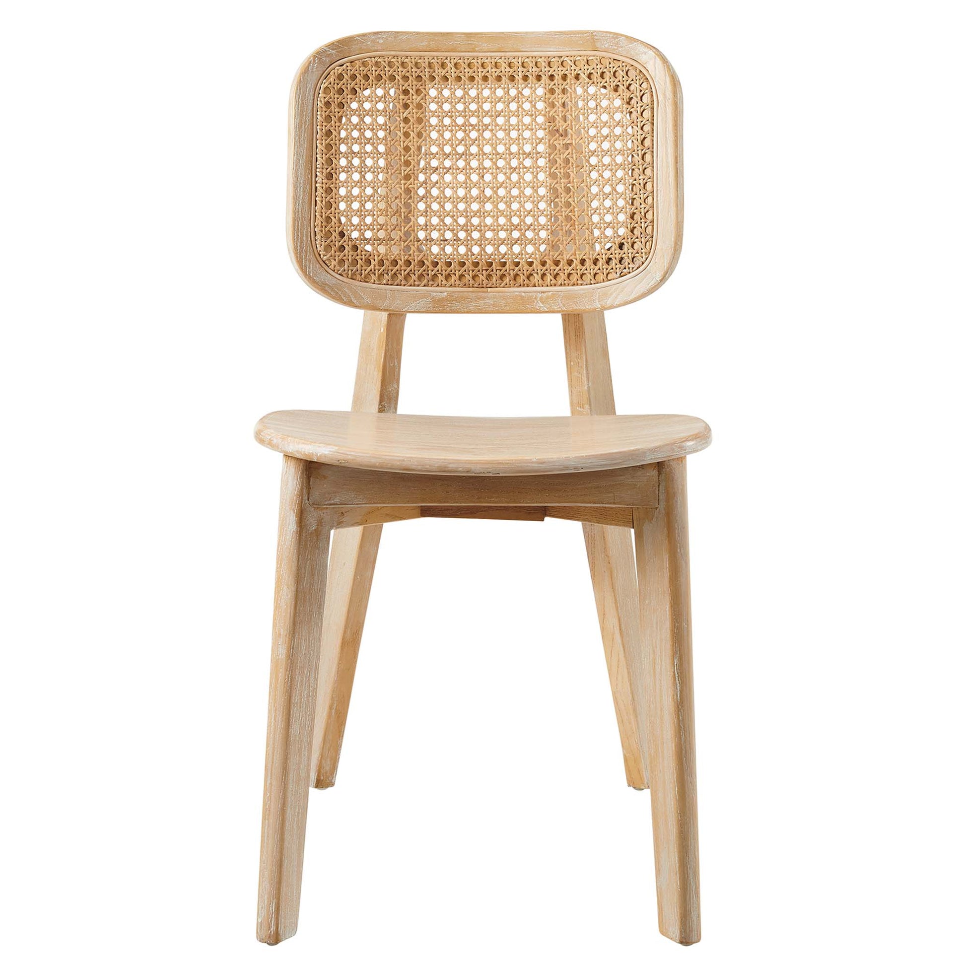 Natural wood dining side chair with rattan caned back, curved seat & tapered legs.