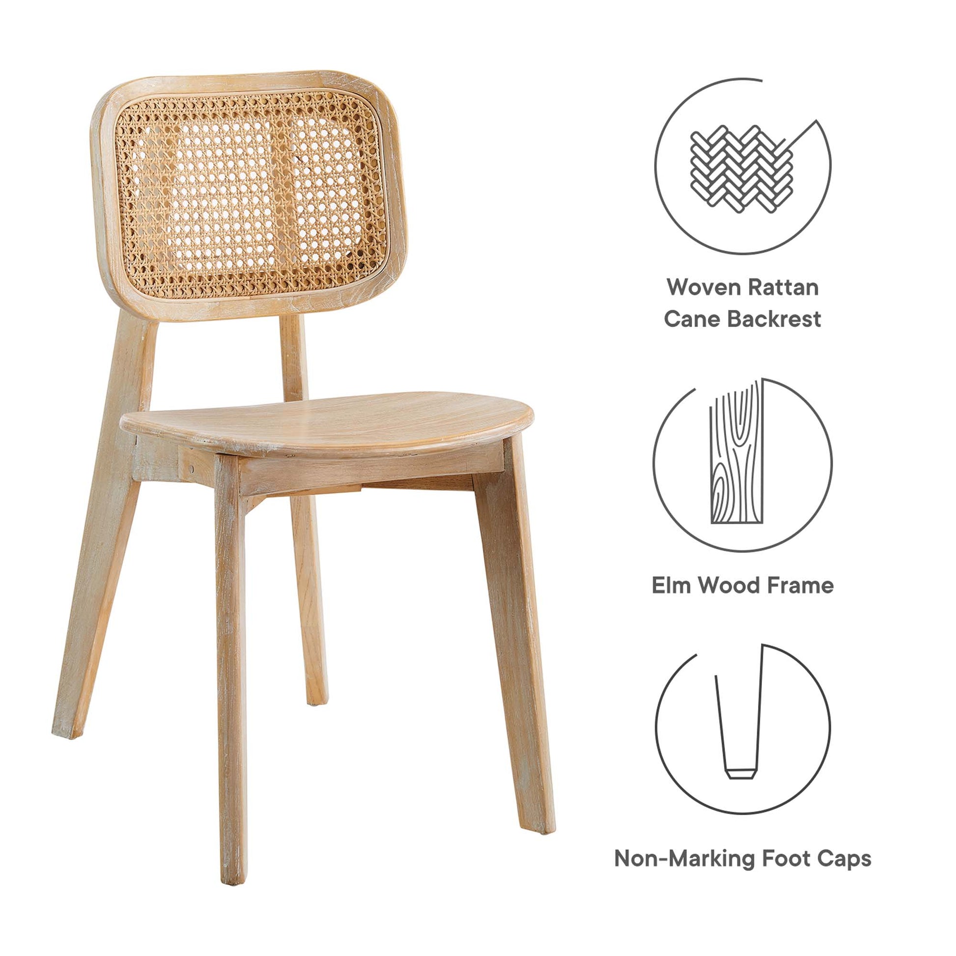 Gray wood dining side chair with woven rattan cane backrest, elm wood frame, curved seat, and non-marking foot caps.