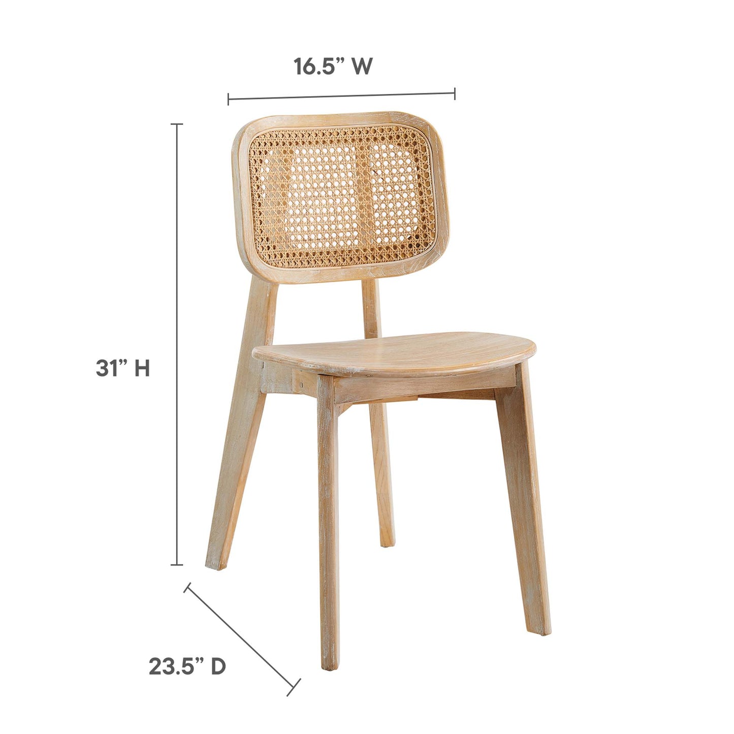 Natural wood chair with cane woven back, rounded backrest, curved seat, sturdy legs; dining side chair.