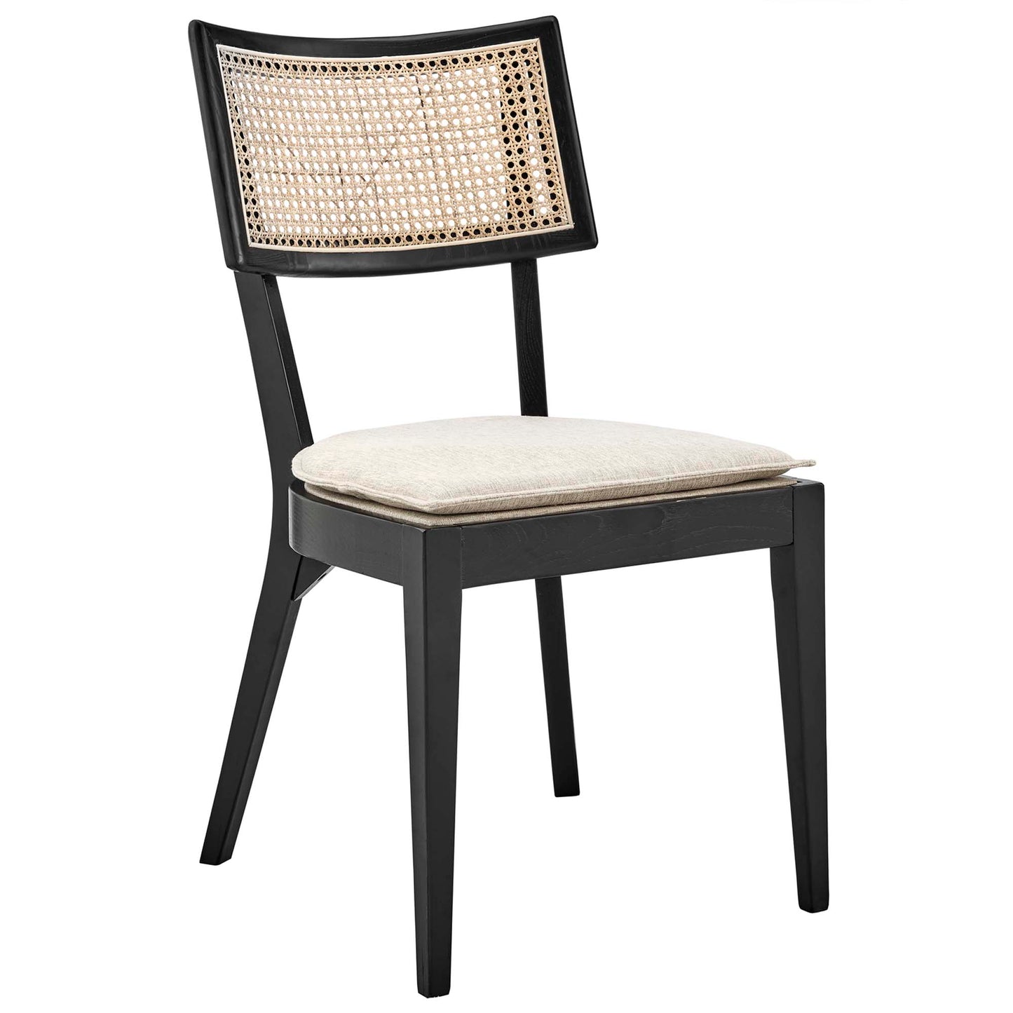 Brown wooden dining chair with a woven cane back, beige cushioned seat, and tapered legs.
