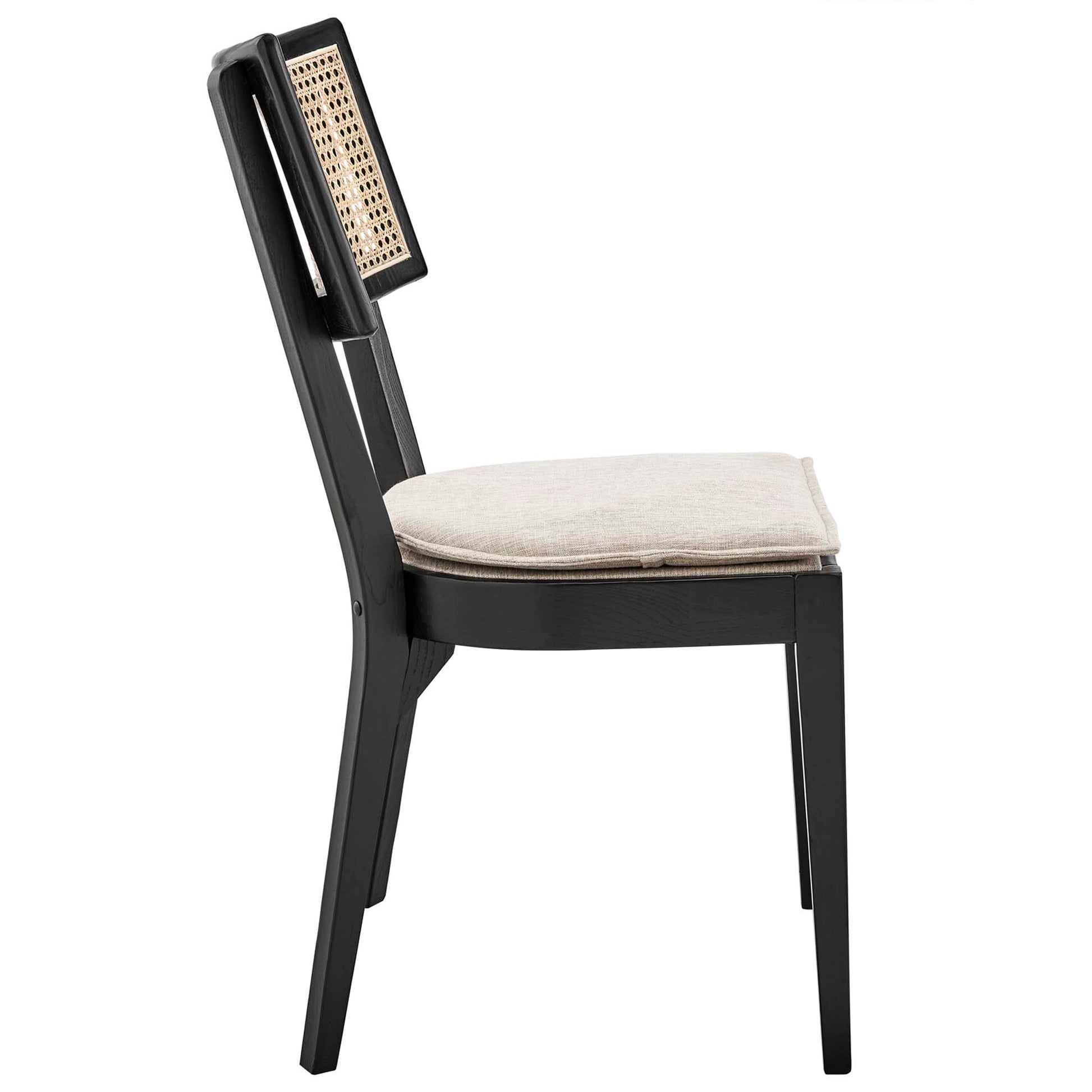 Brown wooden dining chair with beige upholstered cushion and woven cane backrest, shown in side view.