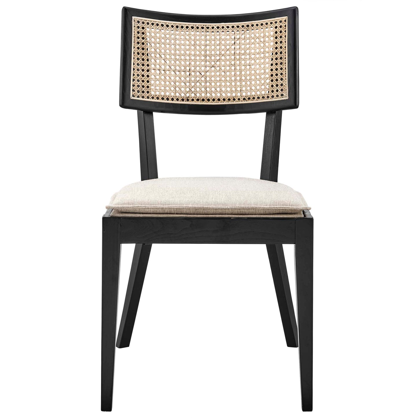 Black wooden dining chair with a curved rectangular caned back and a beige upholstered seat cushion.
