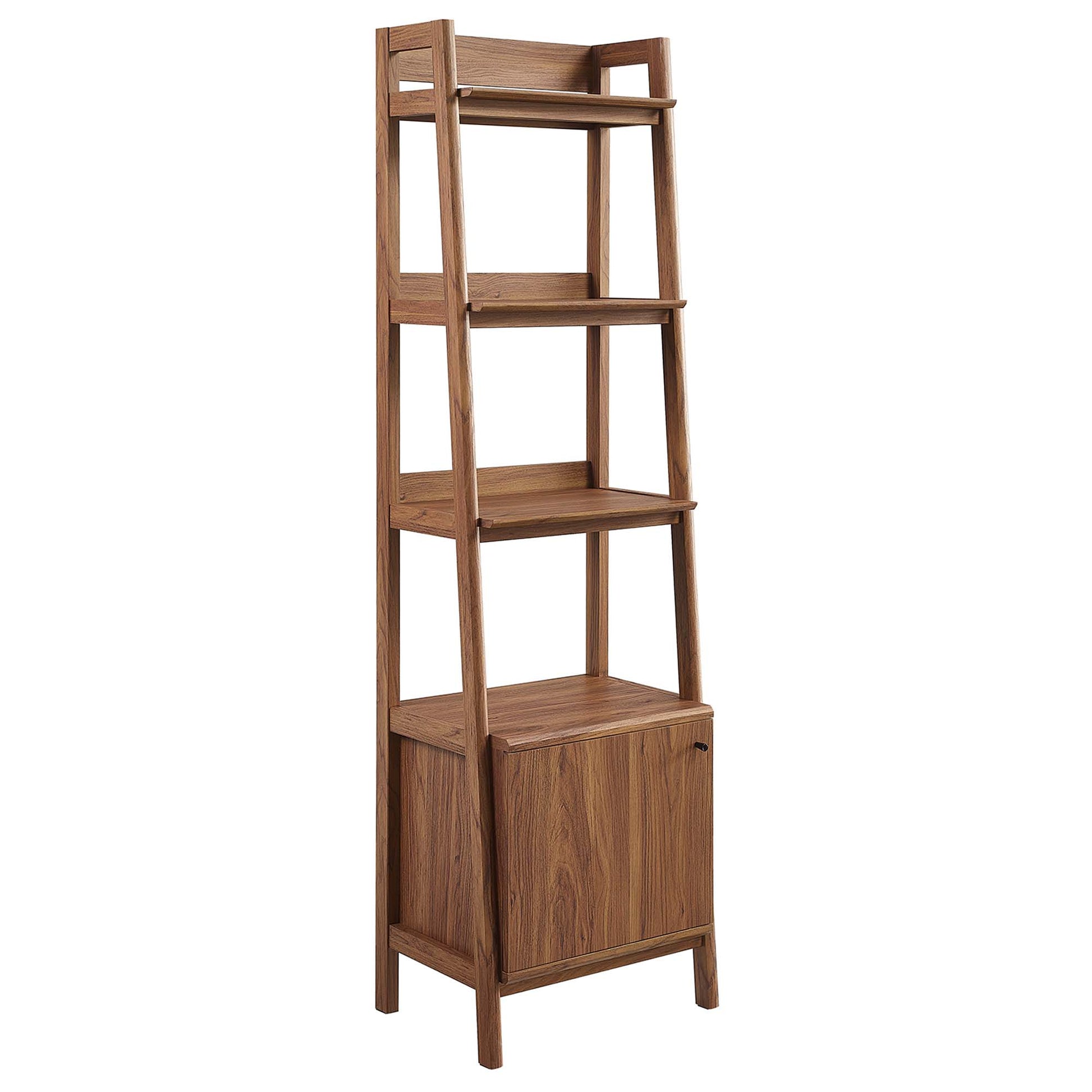 Walnut-finish wooden ladder shelf with multiple open shelves atop a cabinet base for display and storage.