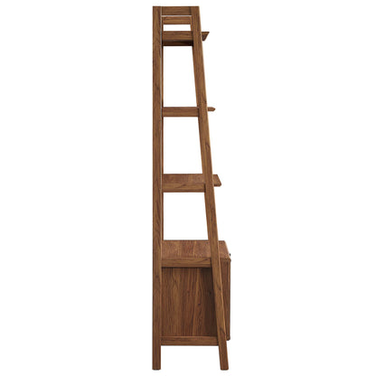 Walnut-finish wooden ladder shelf with five open shelves and lower storage cabinet.