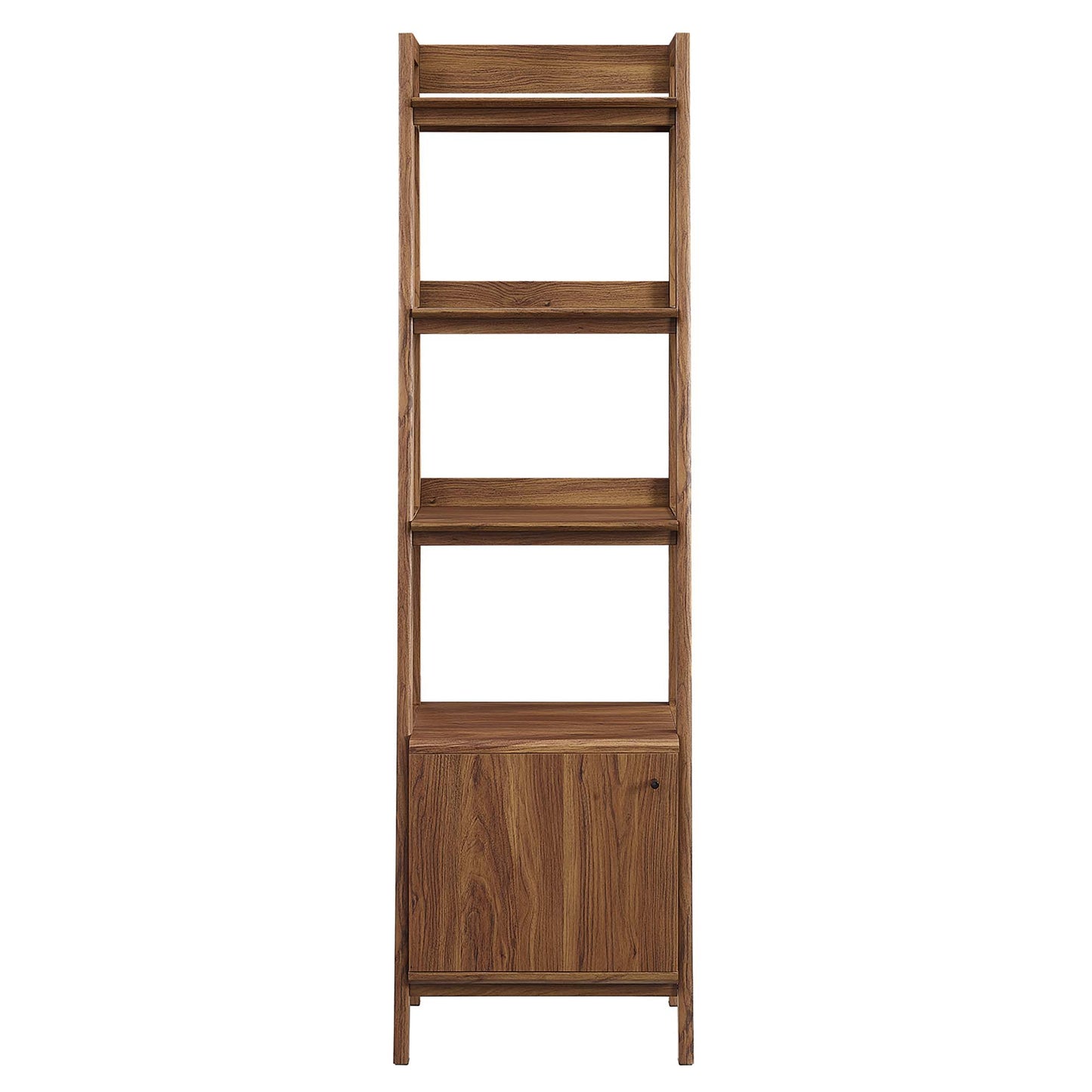 Tall walnut wood bookshelf with four open shelves above a two-door cabinet at the base.