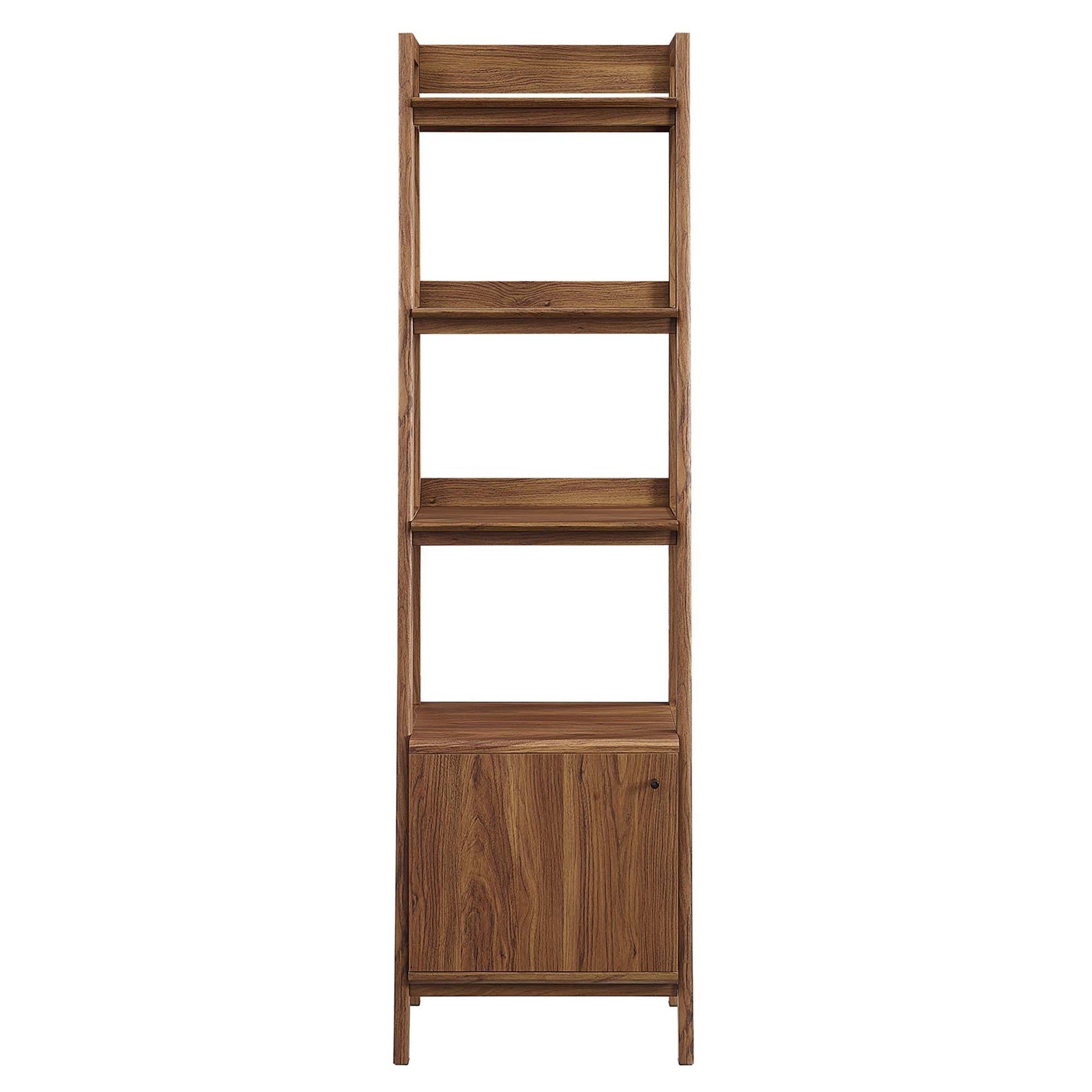 Tall walnut wood bookshelf with four open shelves above a two-door cabinet at the base.