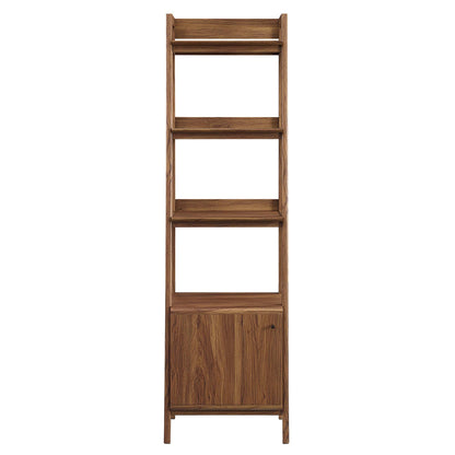 Tall walnut wood bookshelf with four open shelves above a two-door cabinet at the base.