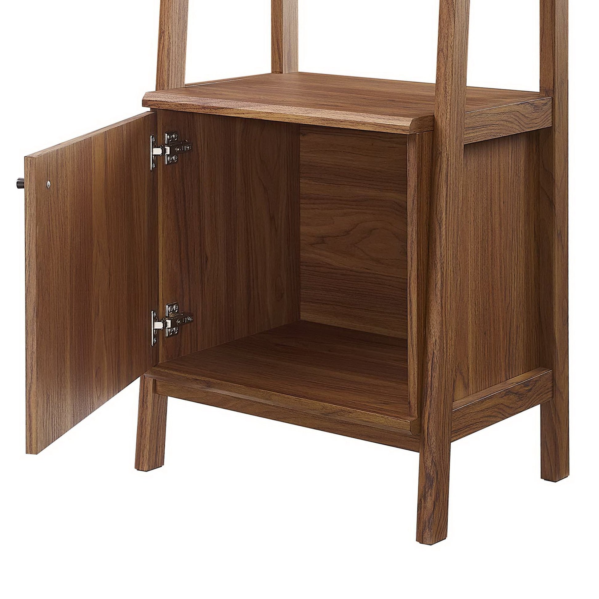 Walnut-finish bookshelf with open shelves.