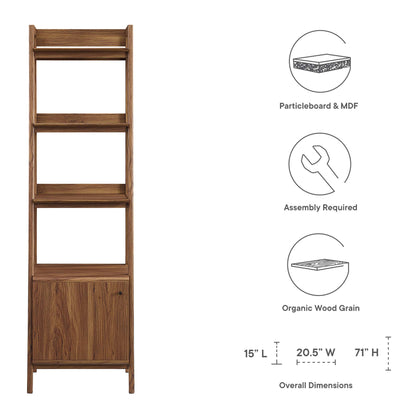 Walnut-finish wooden bookshelf with four open shelves and a bottom cabinet; ideal for living room storage.