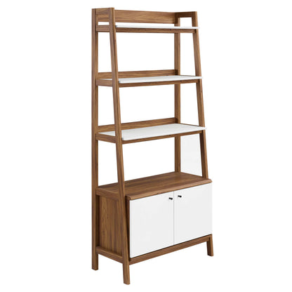 Walnut wood ladder-style bookcase with five open shelves and white cabinet doors at the base.