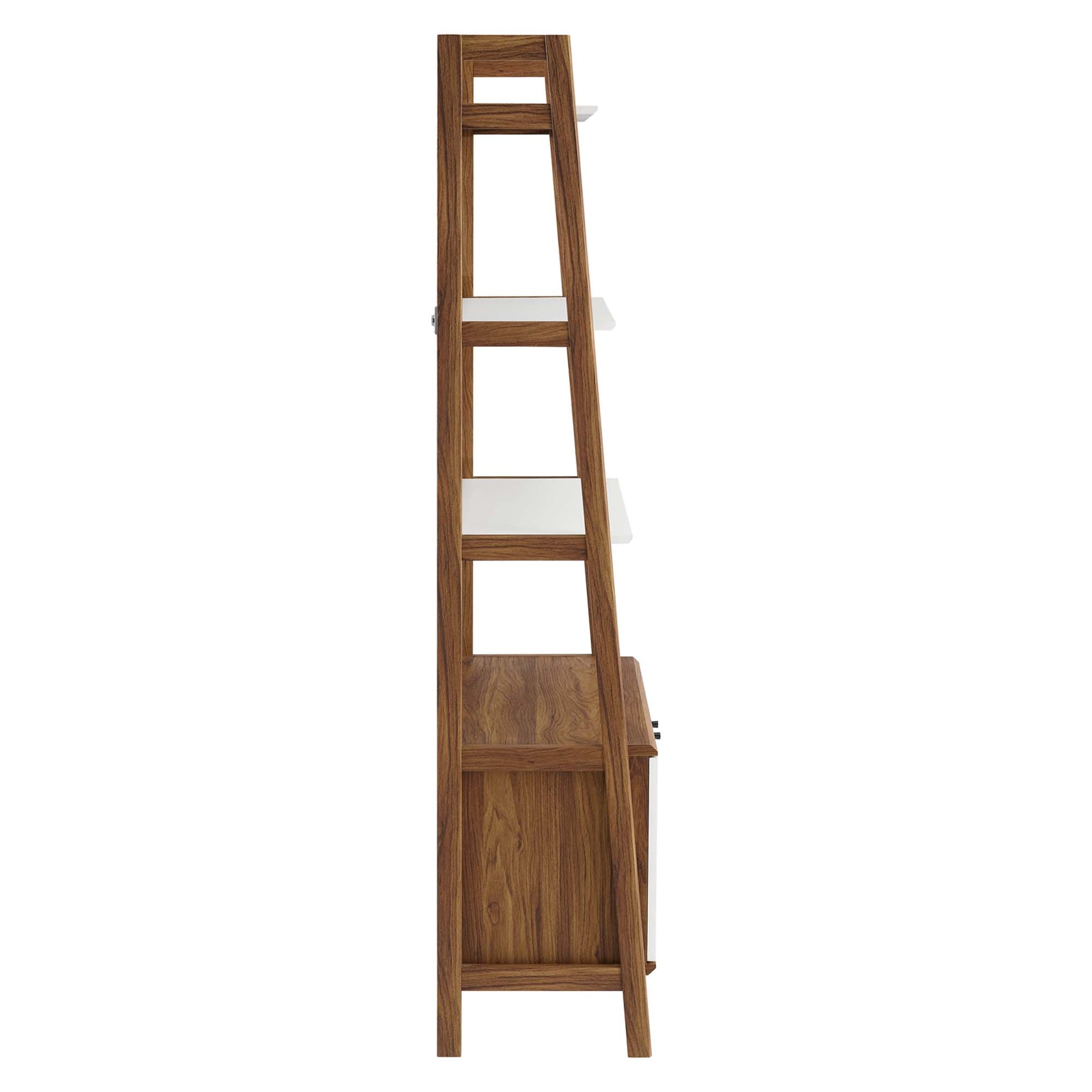Tall white ladder-style bookshelf with multiple shelves for display and storage.