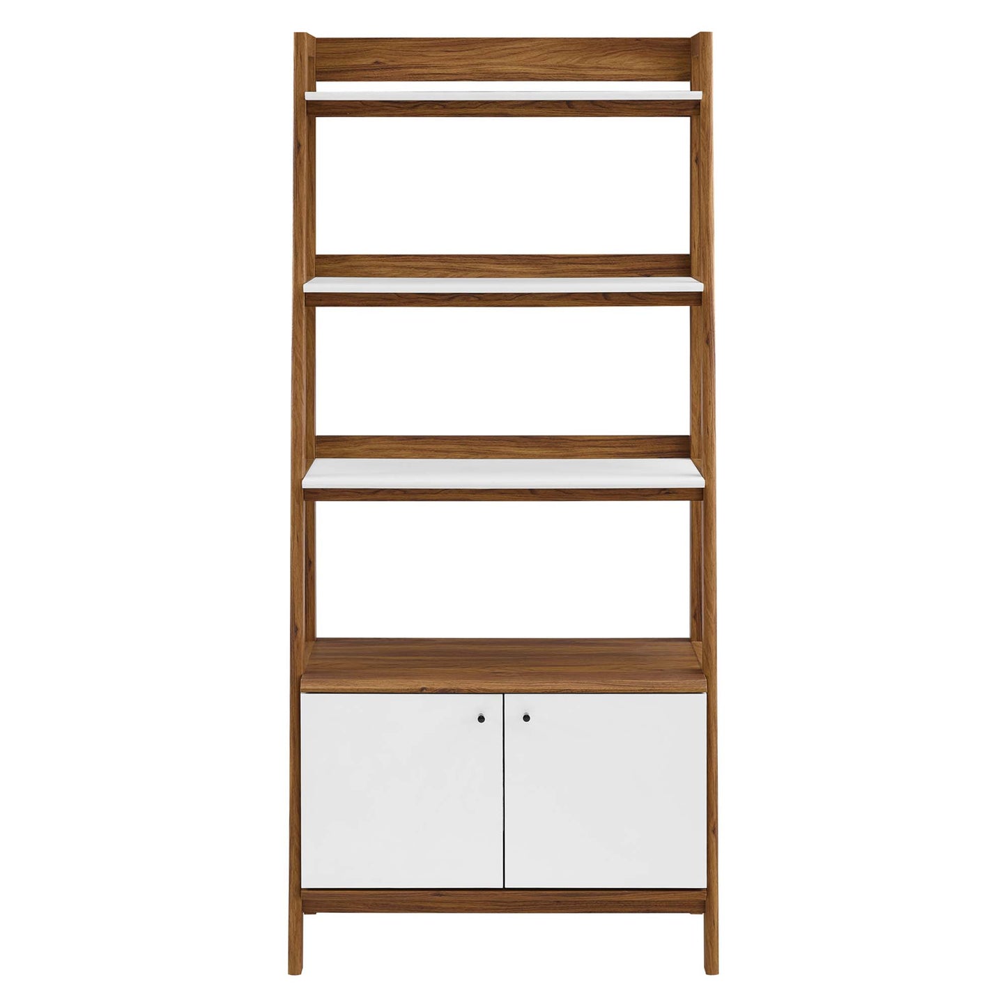 Tall walnut wood ladder-style bookcase with four white shelves and a white double-door cabinet at the base.