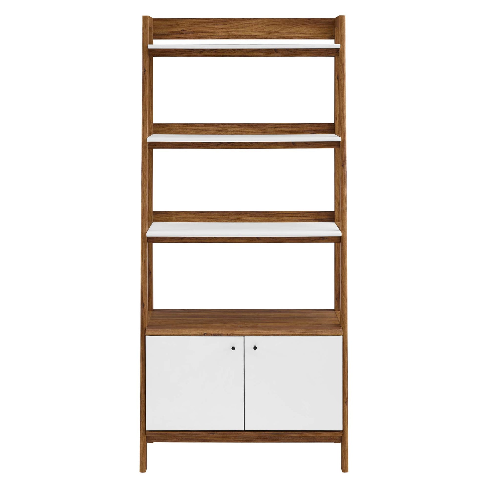 Tall walnut wood ladder-style bookcase with four white shelves and a white double-door cabinet at the base.