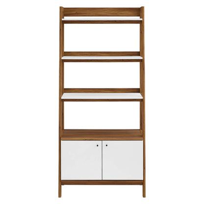 Tall walnut wood ladder-style bookcase with four white shelves and a white double-door cabinet at the base.
