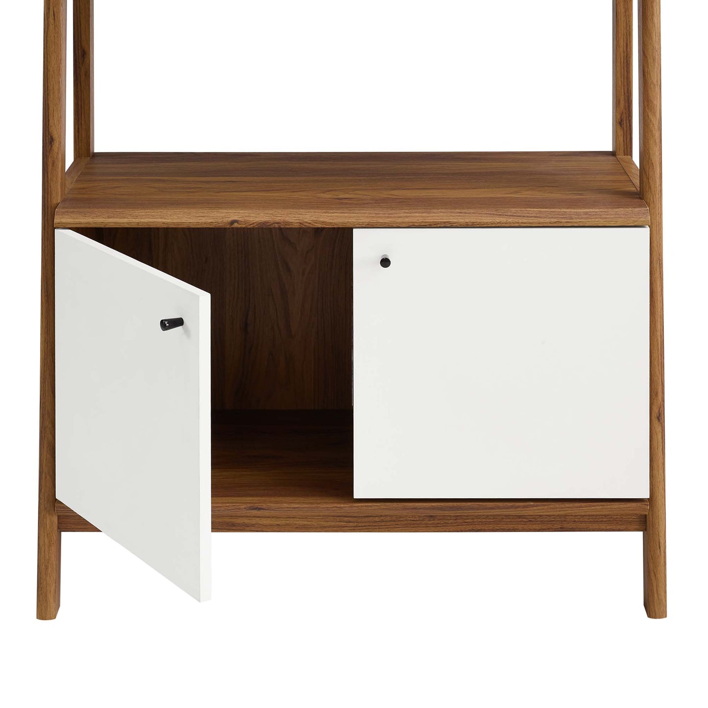White bookshelf with two doors and an open shelf above; left door open, right door closed.