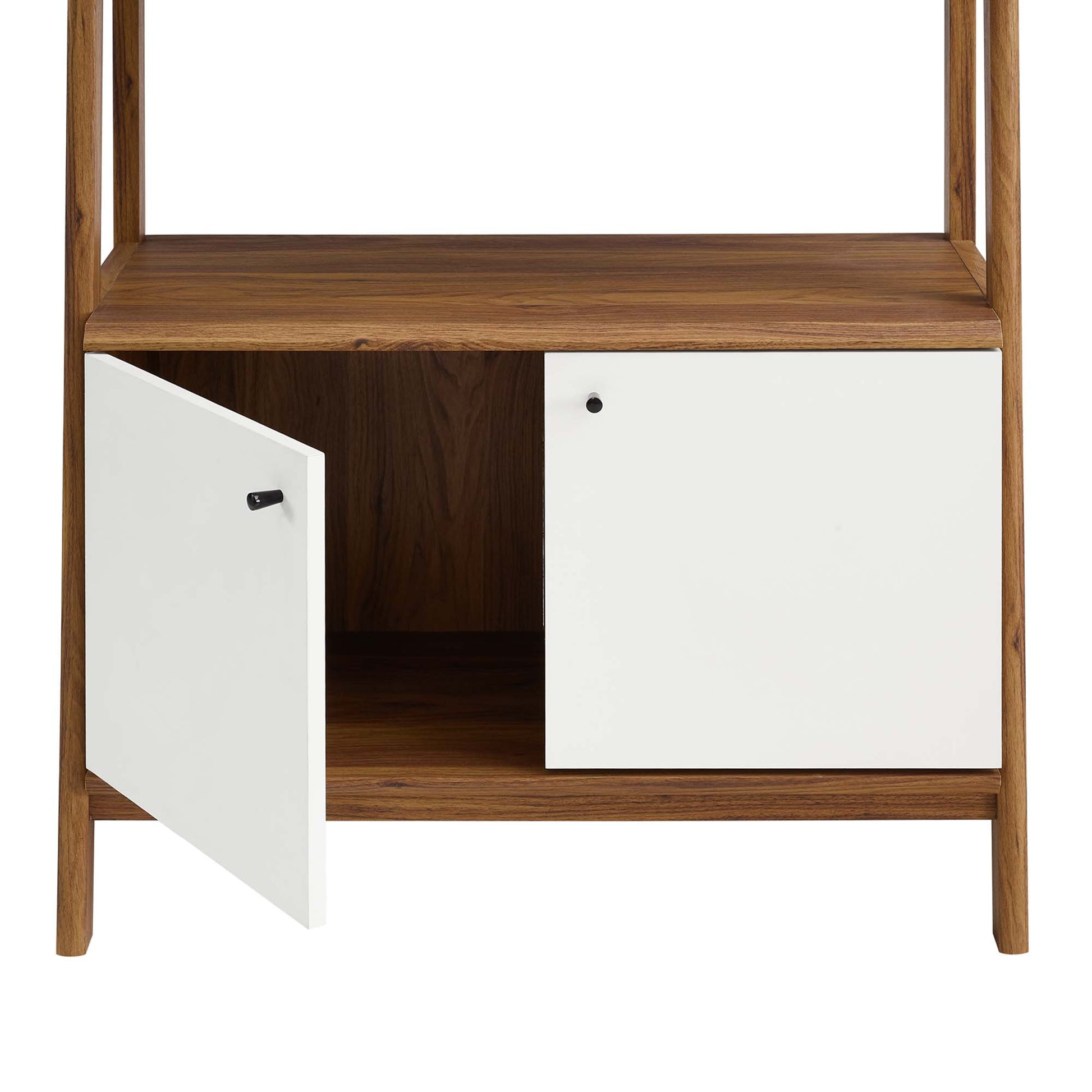 White bookshelf with two doors and an open shelf above; left door open, right door closed.