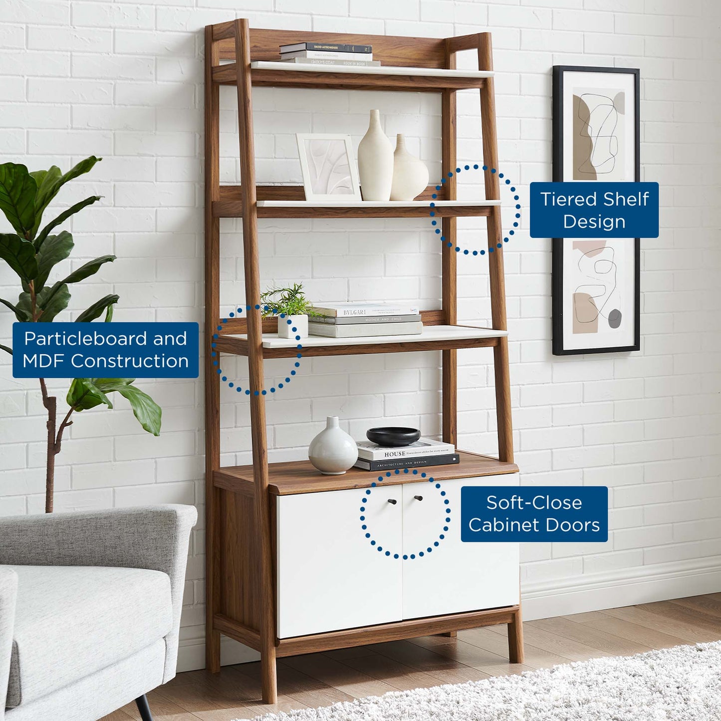 White bookshelf with bottom soft-close cabinet doors and tiered open shelves for decor.