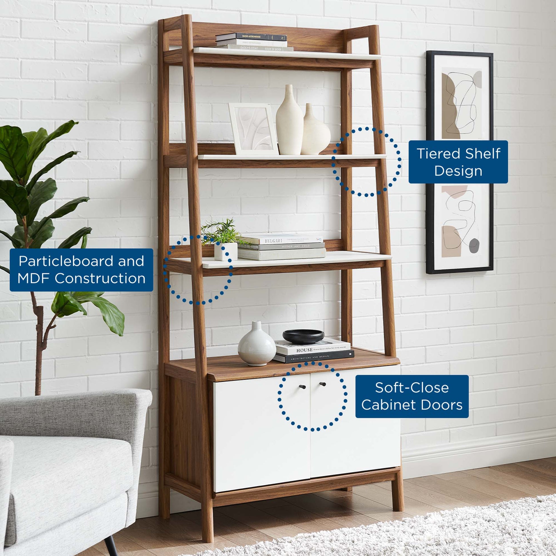 White bookshelf with bottom soft-close cabinet doors and tiered open shelves for decor.