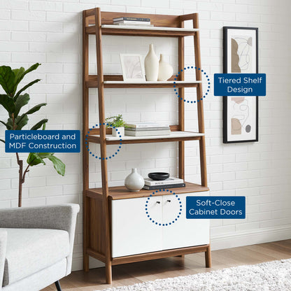 White bookshelf with bottom soft-close cabinet doors and tiered open shelves for decor.