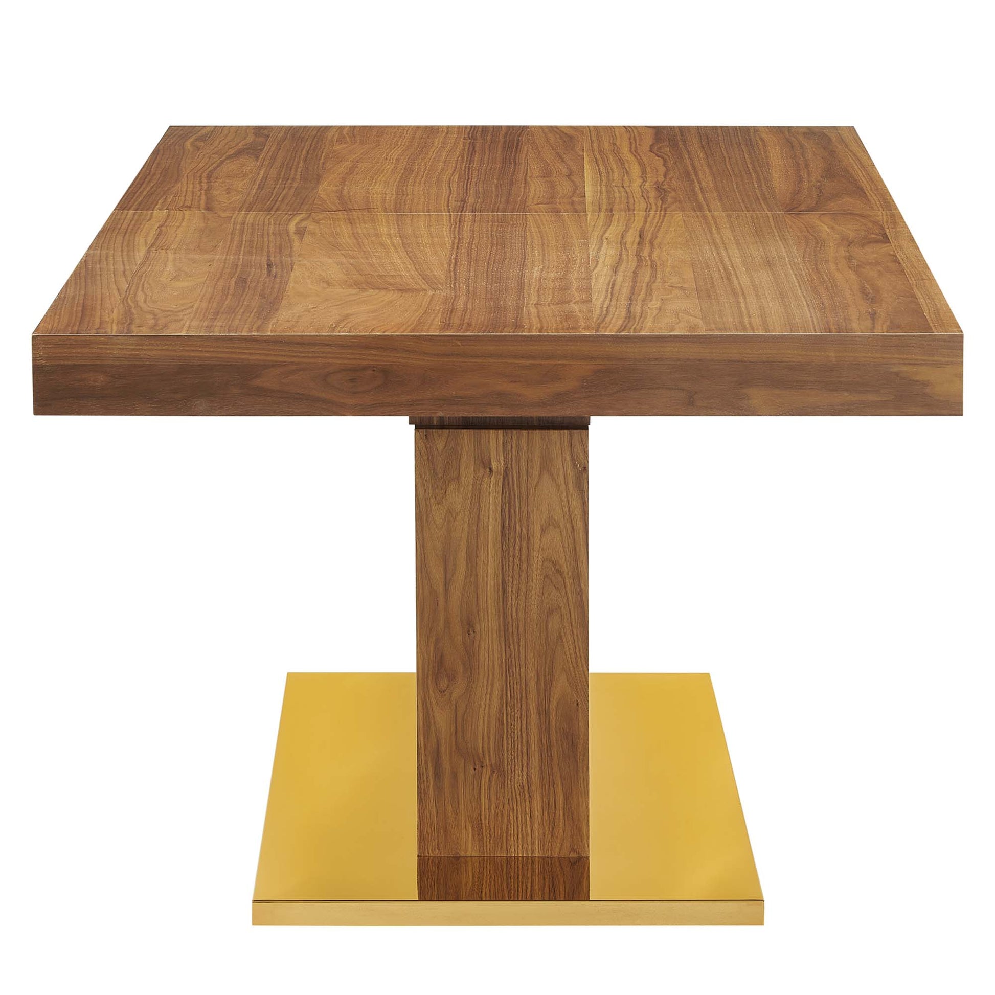 Walnut square tabletop atop a wooden pedestal with a gold-toned metal base.
