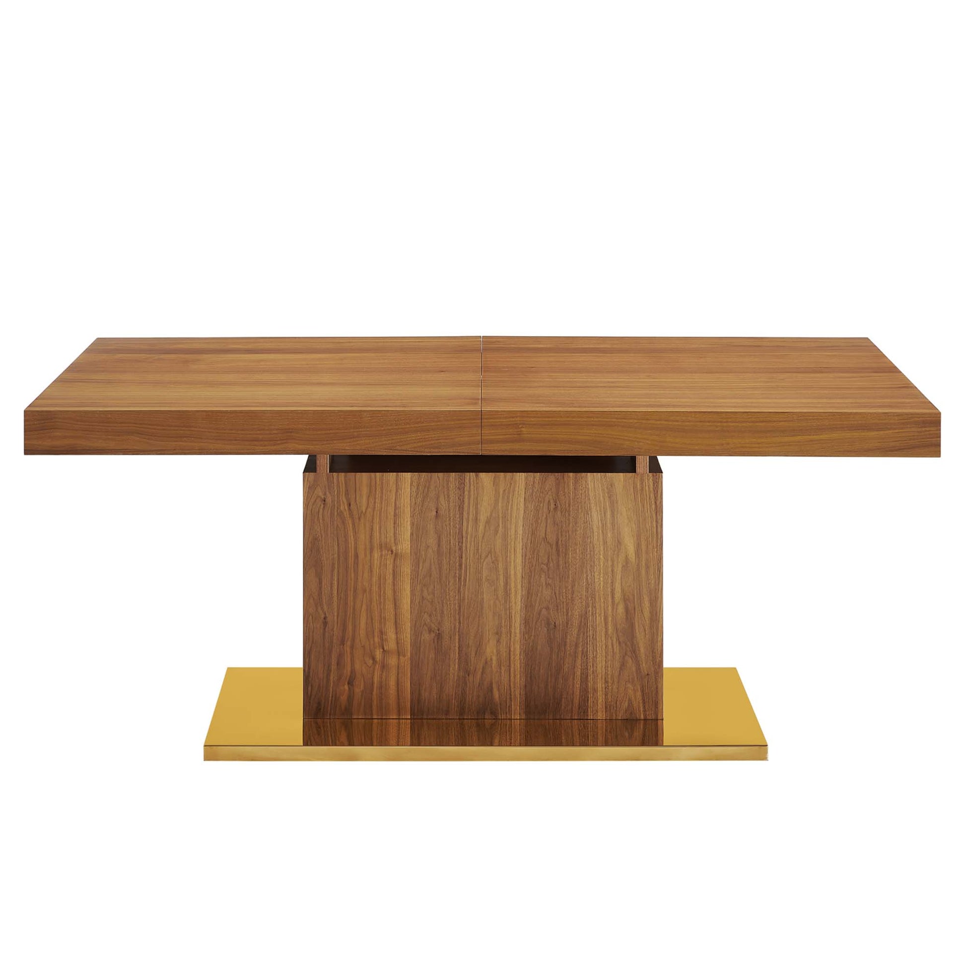 Walnut wood dining table on a gold metal pedestal base, rectangular split-top with clean lines, mid-century modern design.