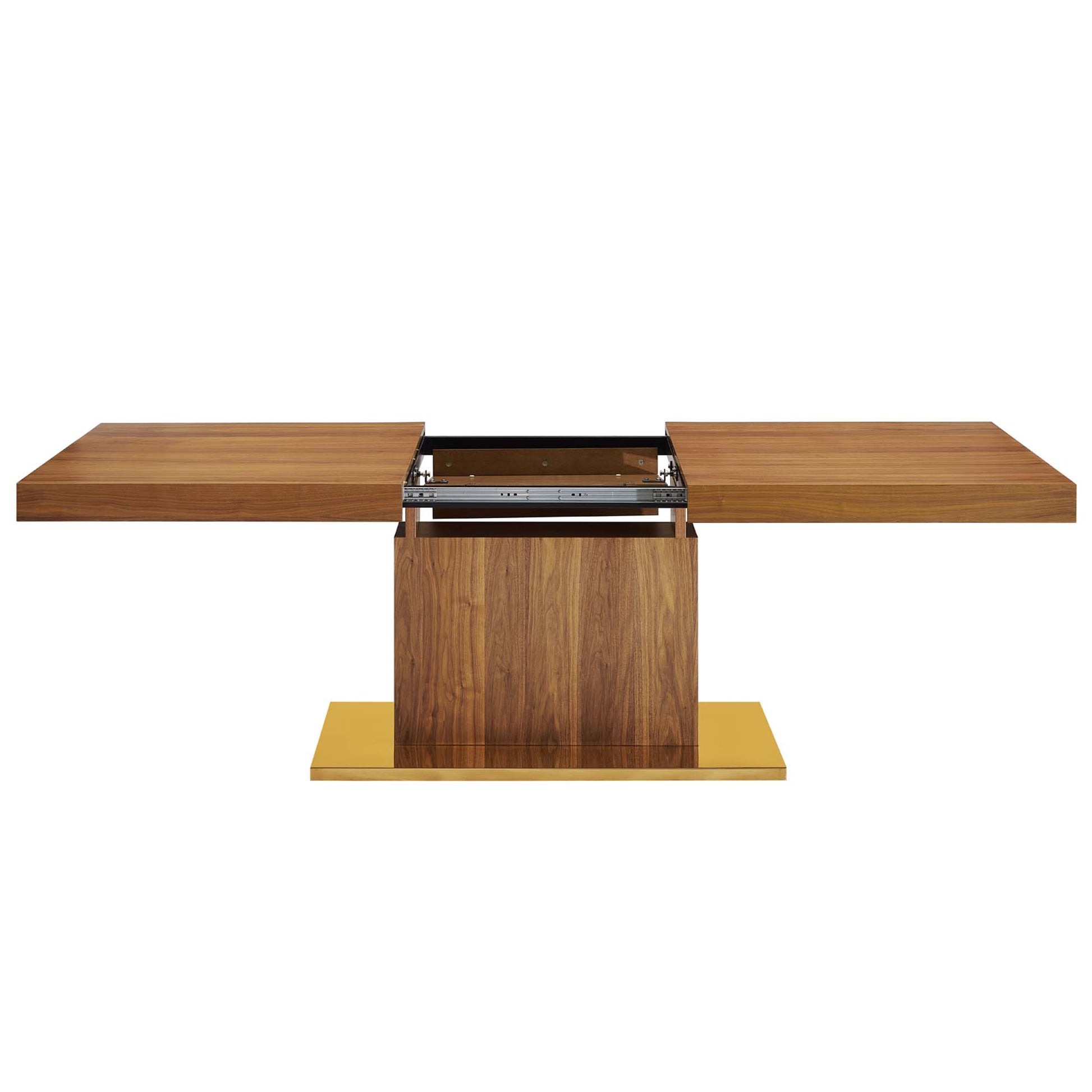 Walnut veneer extendable dining table with two side leaves, central pedestal base, gold-tone plinth.