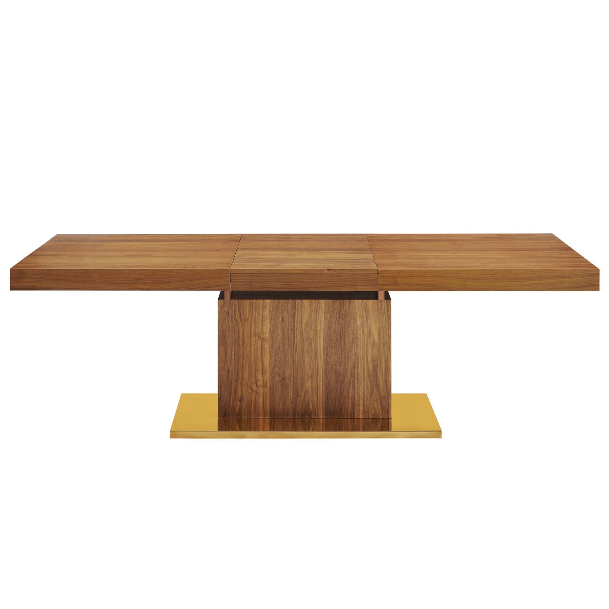 Walnut veneer dining table with three-panel top and central wooden pedestal atop a gold-tone rectangular base.