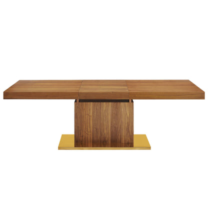 Walnut veneer dining table with three-panel top and central wooden pedestal atop a gold-tone rectangular base.