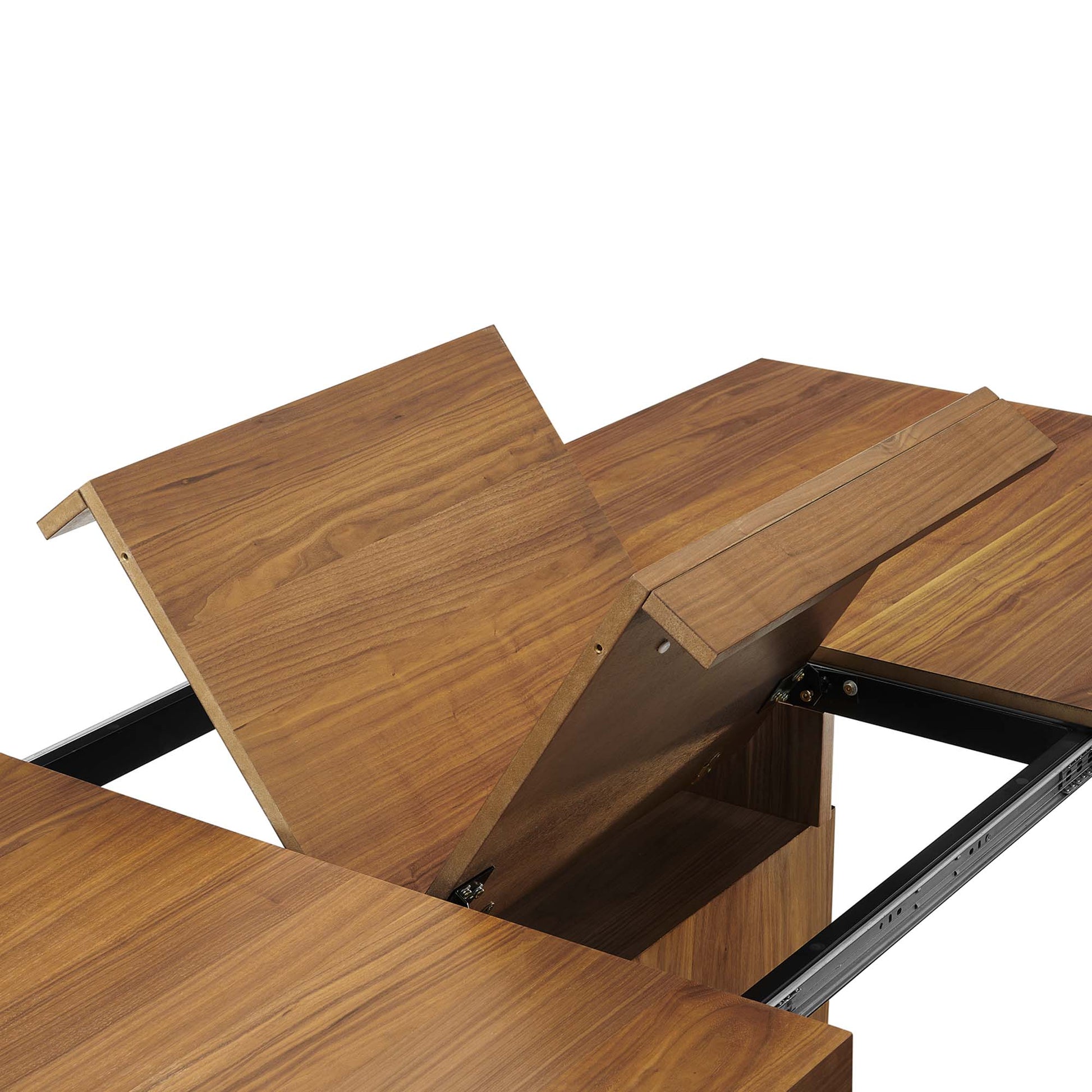 Walnut-finish expandable dining table.